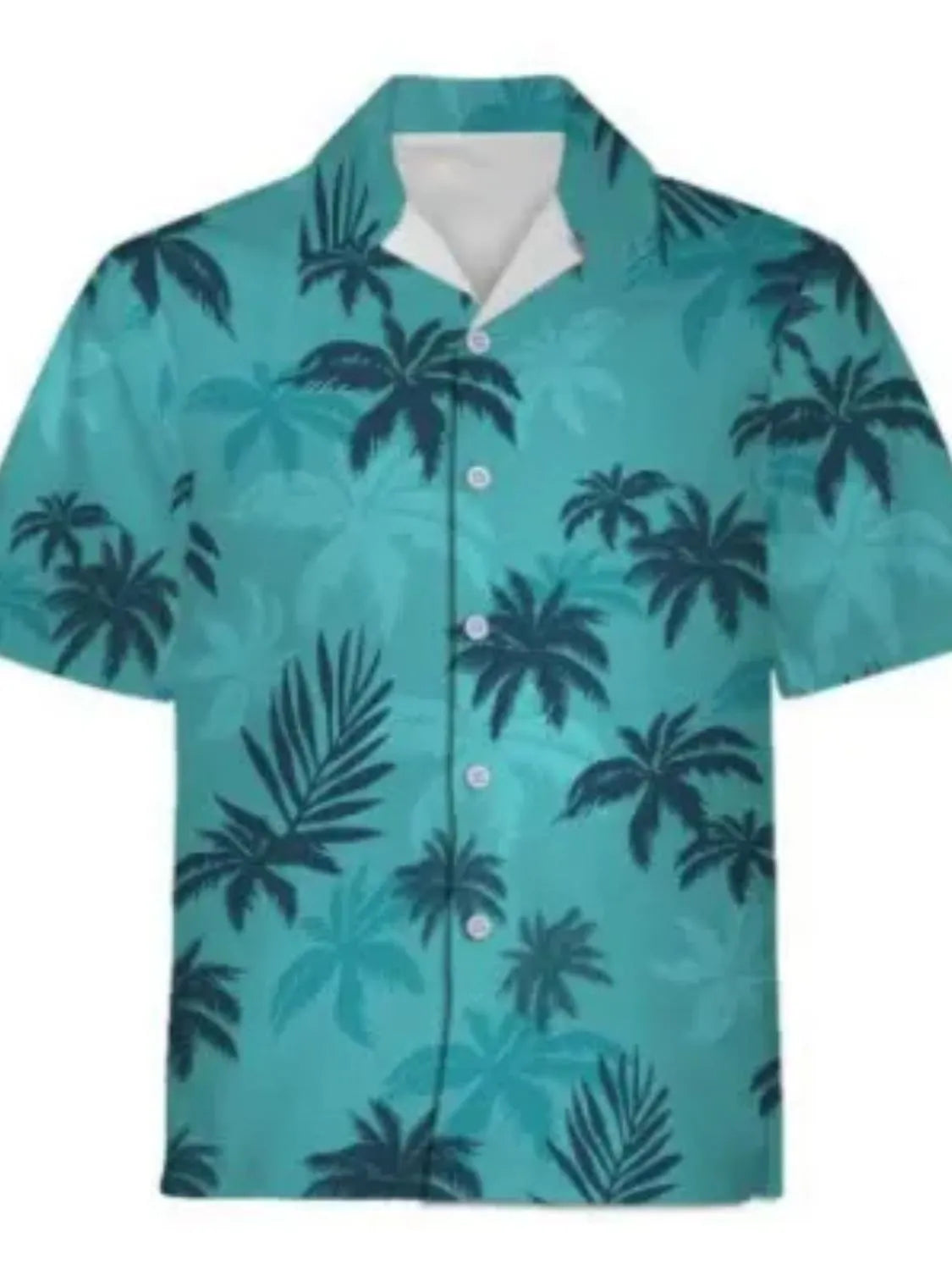 Teal Hawaiian shirt with palm tree pattern on a white background