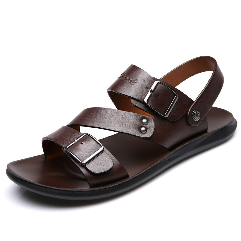 Brown sandal with multiple straps and buckles on a white background