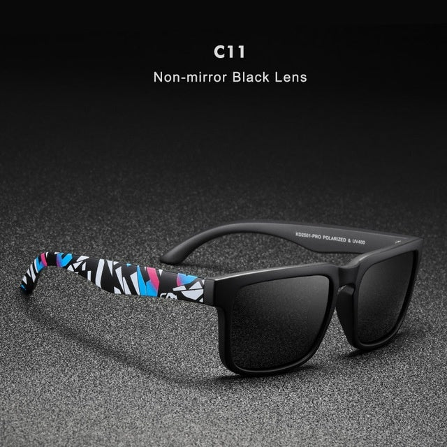 Sunglasses with colorful zebra-patterned arm on a dark background