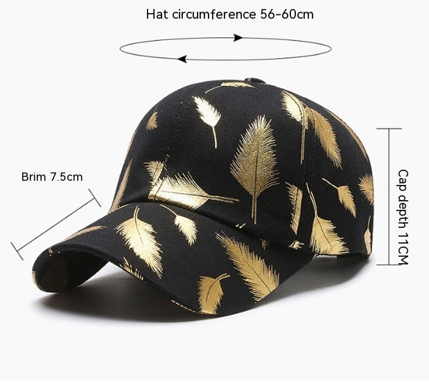 Black cap with gold feather pattern and measurements on a white background