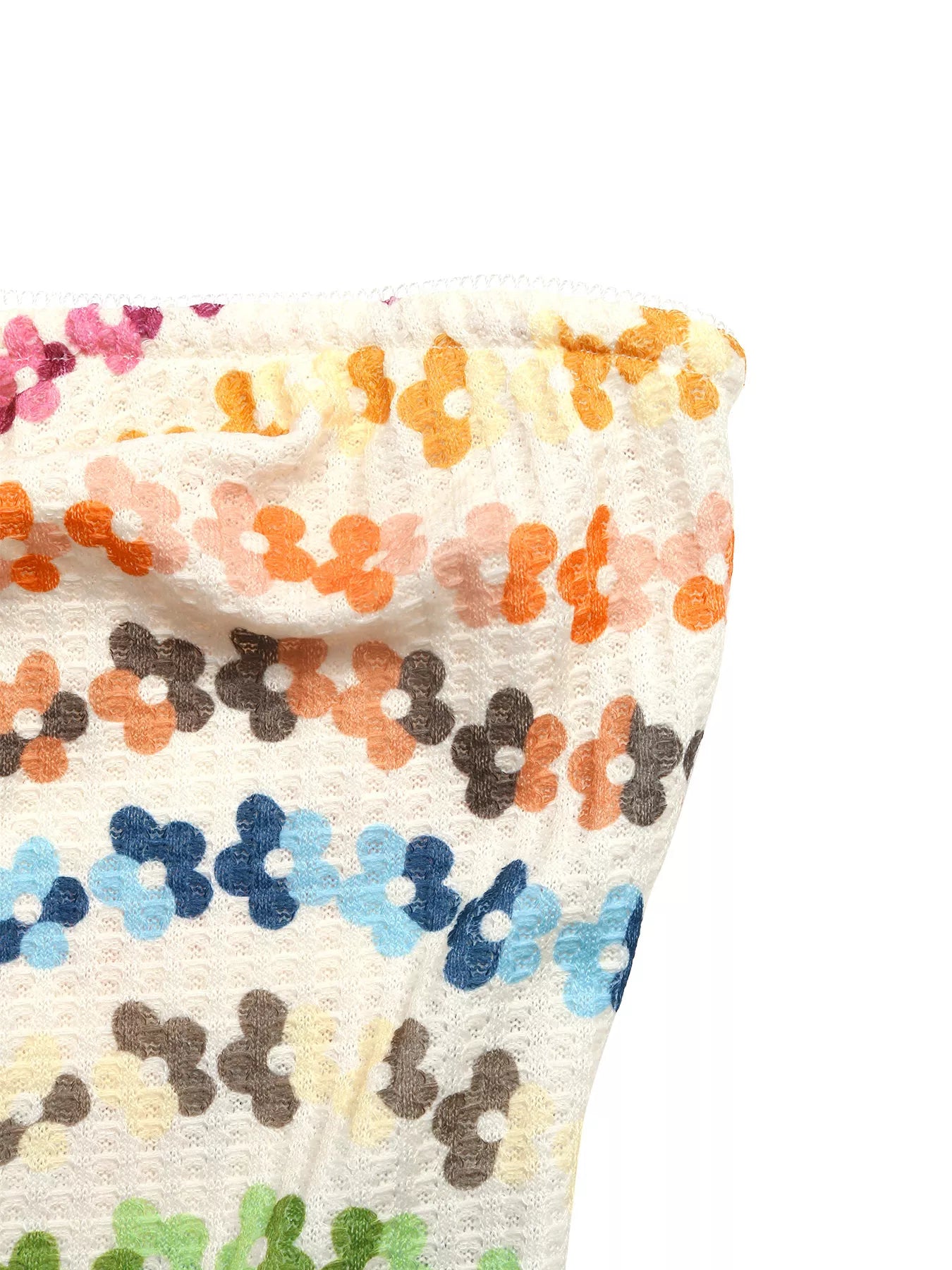 Close-up of a fabric with colorful floral pattern on a white background
