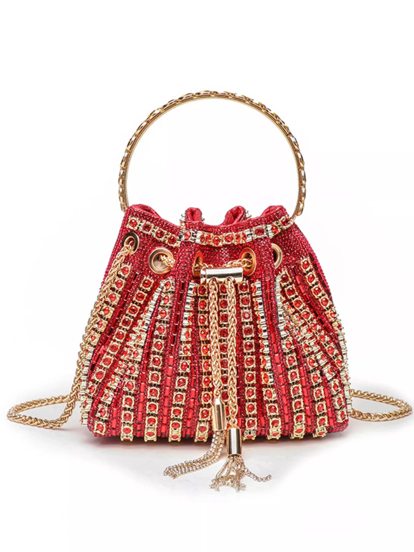 Red handbag with gold embellishments on a white background