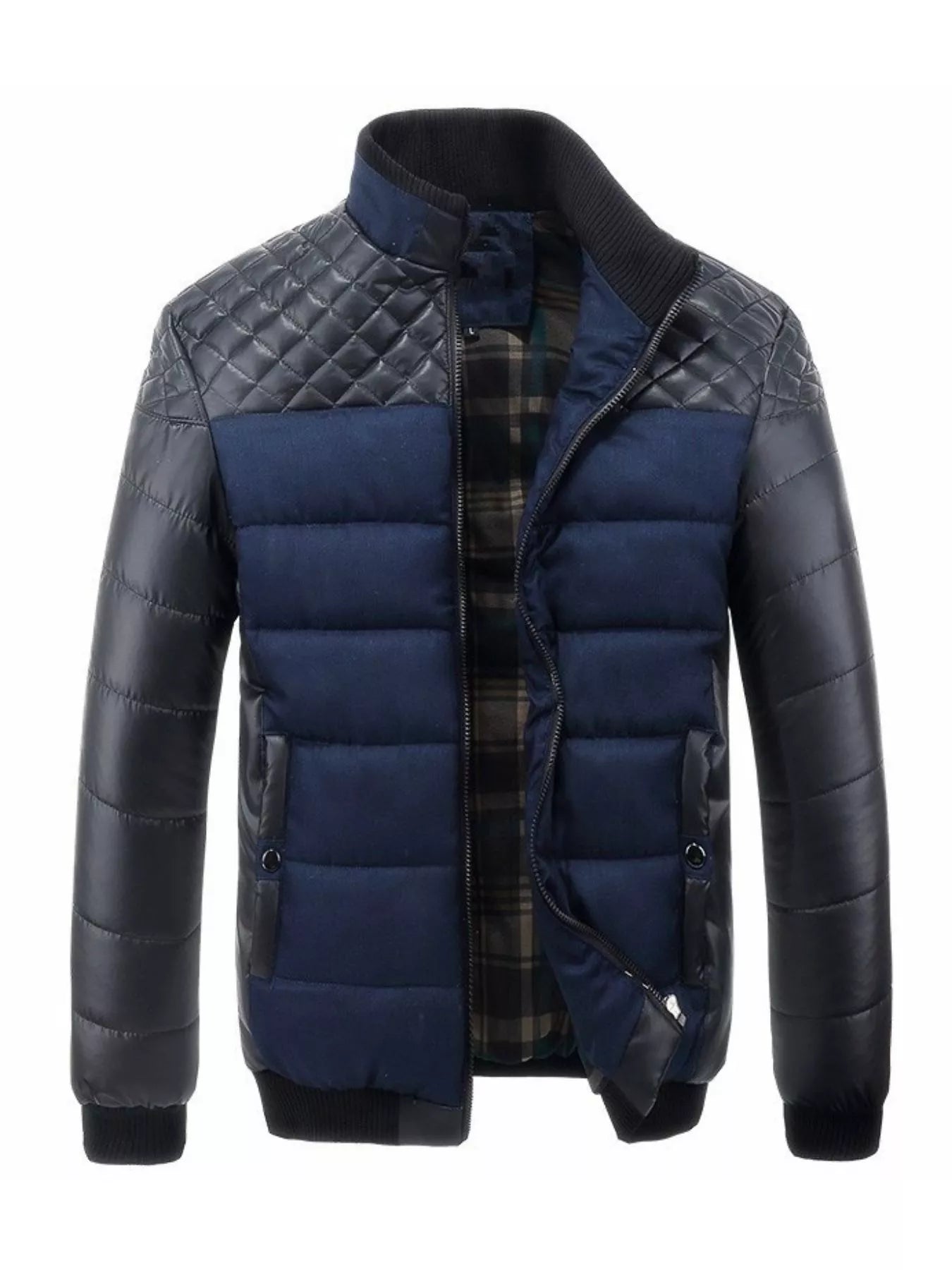 Blue and black quilted jacket on a white background