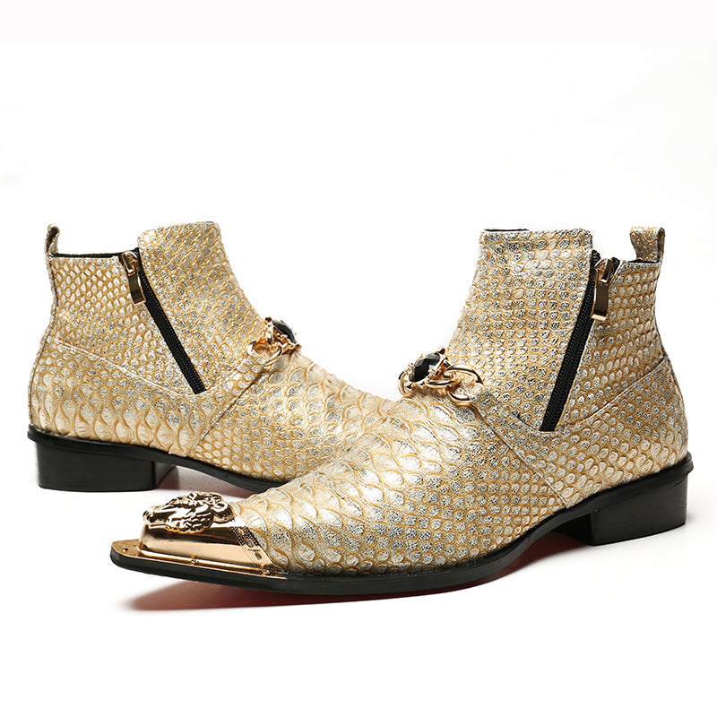 Gold patterned boots with black soles on a white background