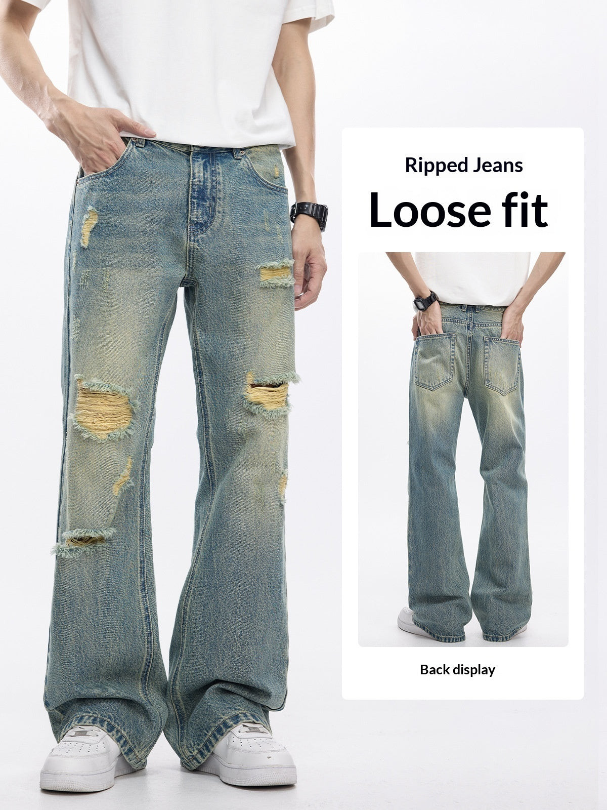 Ripped jeans with loose fit displayed from front and back on a white background.