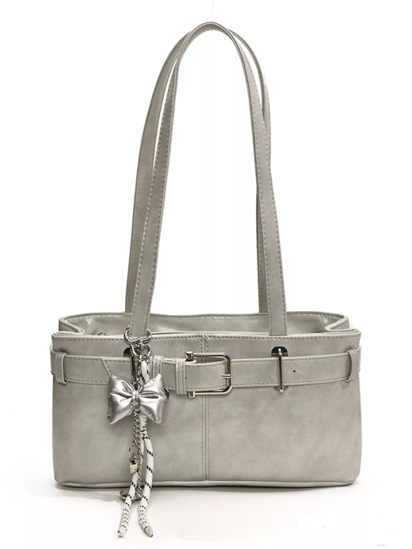 Gray handbag with a bow charm on a white background