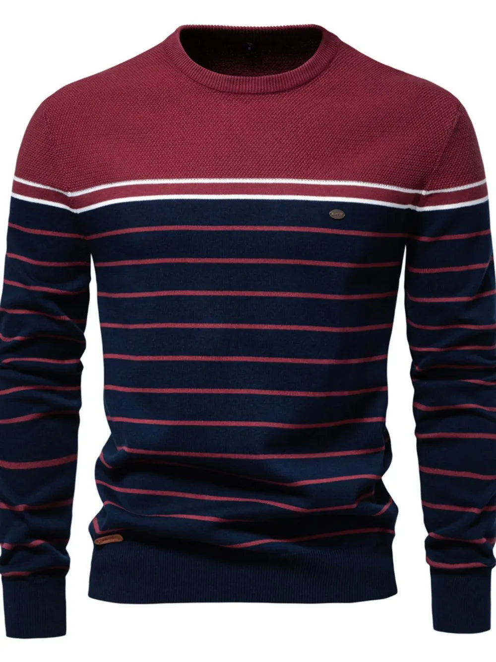 Maroon and navy striped sweater on a white background
