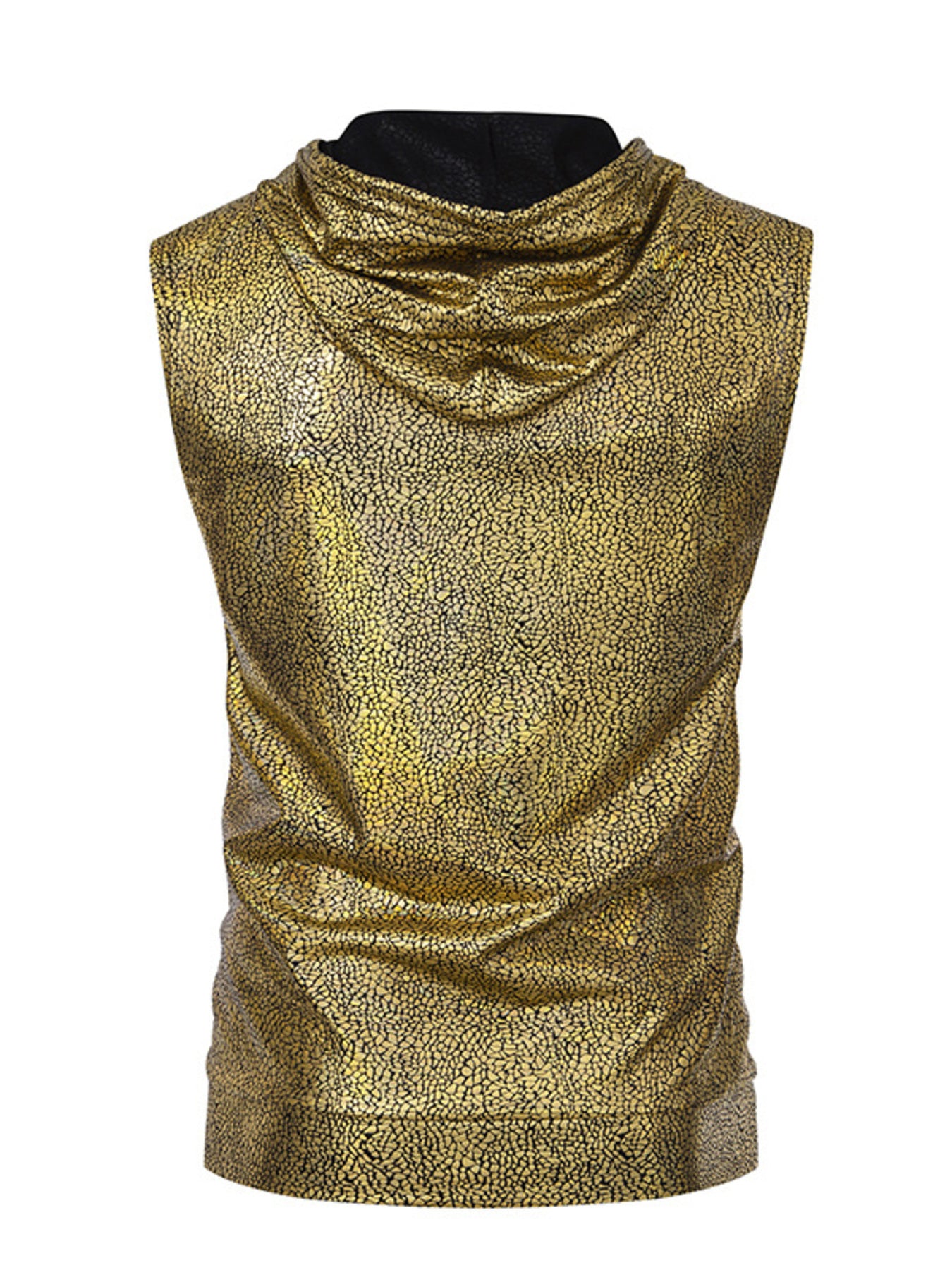 Gold sleeveless top with a cowl neck on a white background