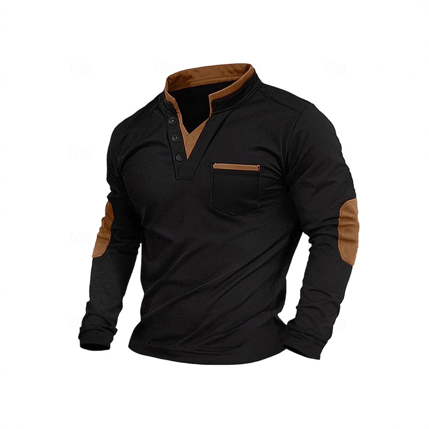 Black long-sleeve shirt with brown accents on a white background
