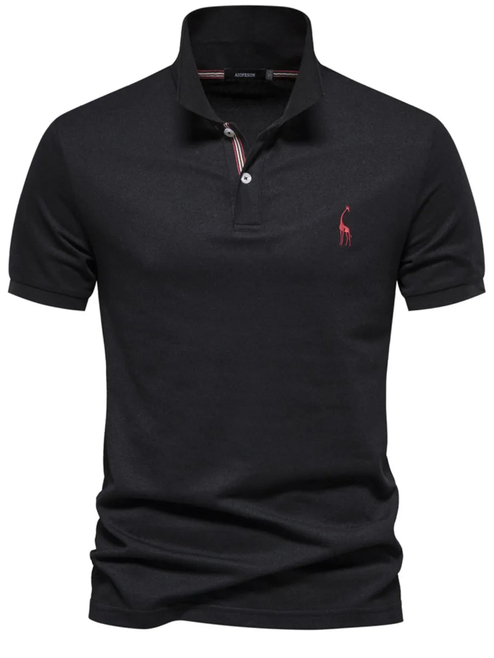 Black polo shirt with a red logo on a white background