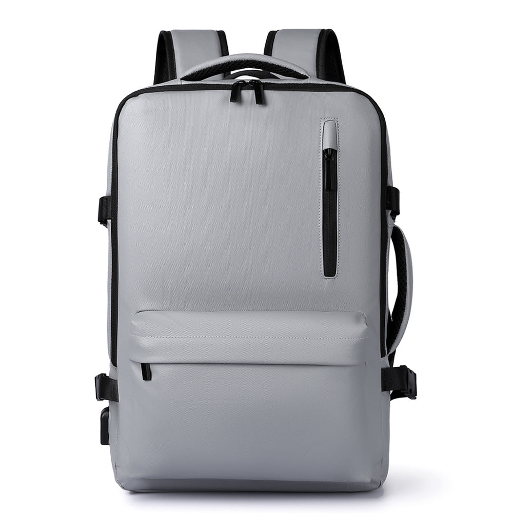 Gray backpack with black straps on a white background