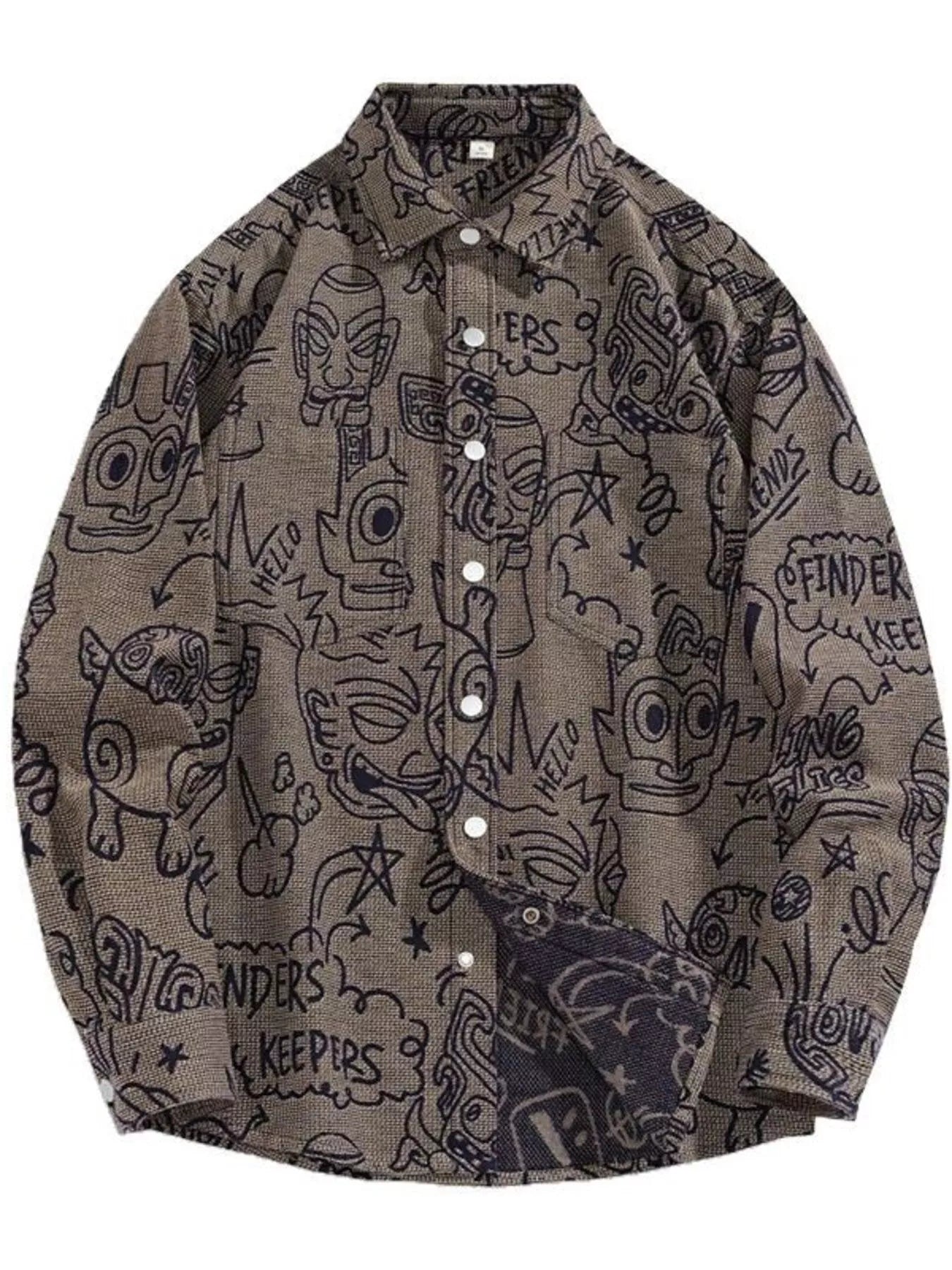 Brown shirt with black graphic designs on a white background