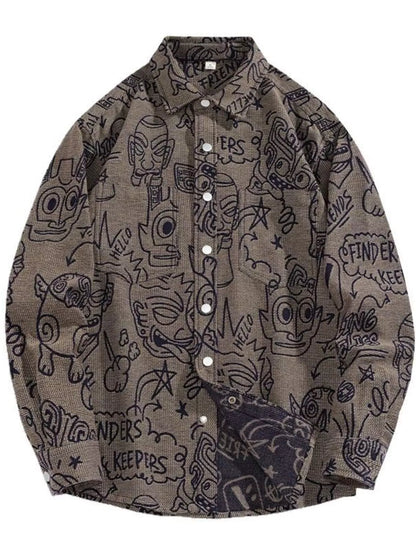 Brown shirt with black graphic designs on a white background