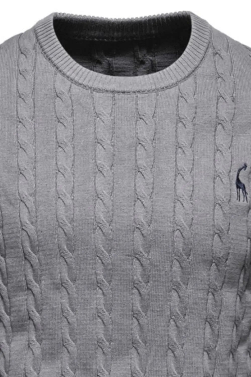 Gray cable knit sweater with a small logo on the chest pocket.