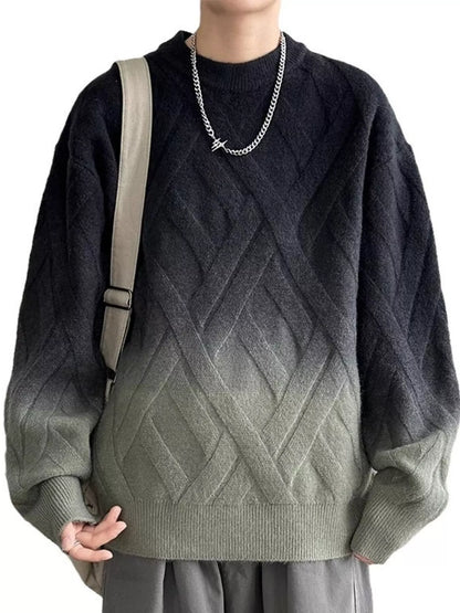 Person wearing a gradient sweater with geometric pattern, holding a beige bag.