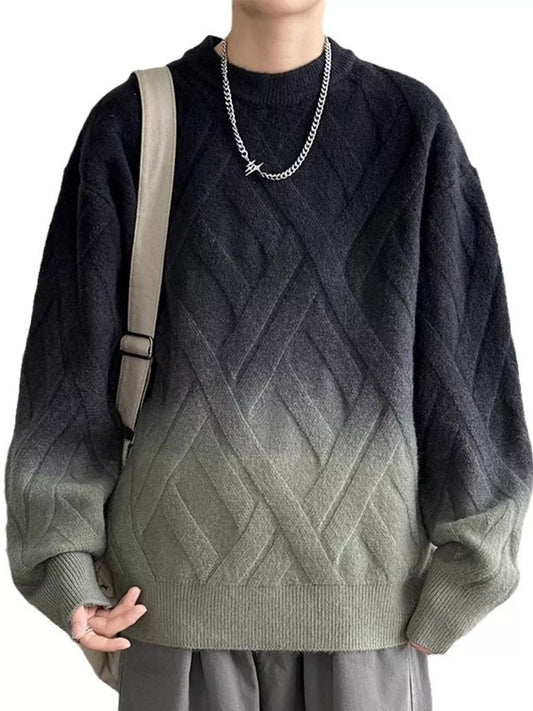 Person wearing a gradient sweater with geometric pattern, holding a beige bag.