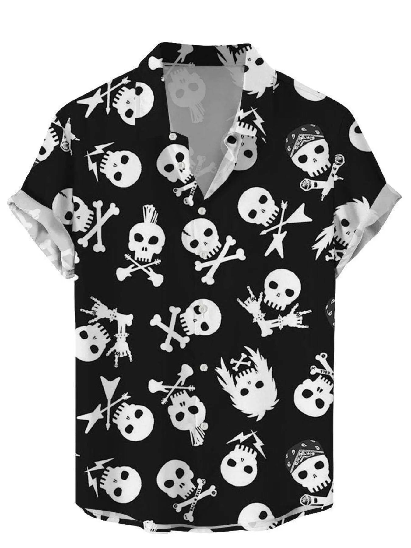 Black shirt with white skull and crossbones pattern on a white background