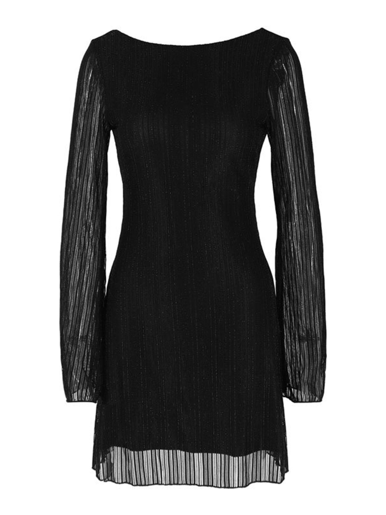 Black dress with sheer long sleeves on a white background
