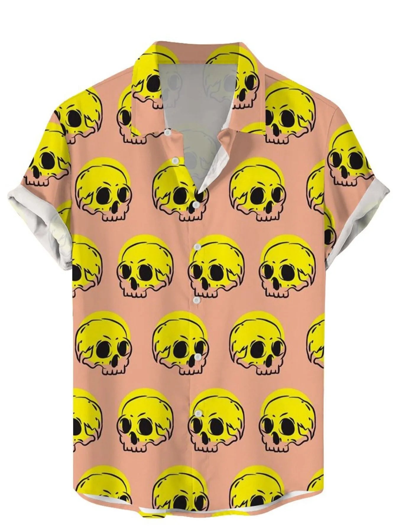 Short-sleeve shirt with yellow skull pattern on a pink background