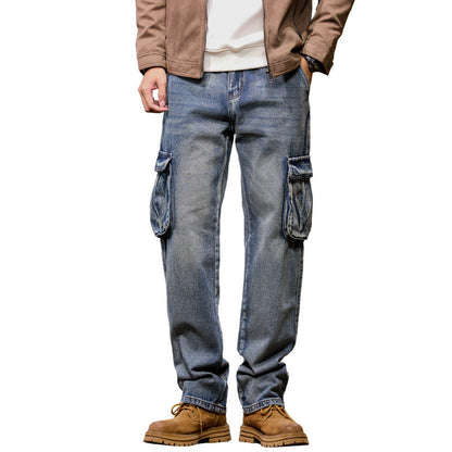 Person wearing blue cargo jeans with a white background