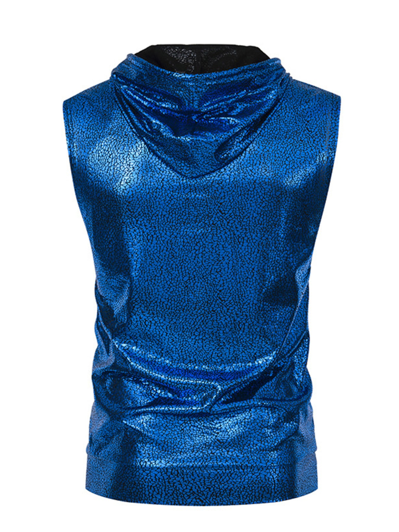 Blue metallic sleeveless top on a white background