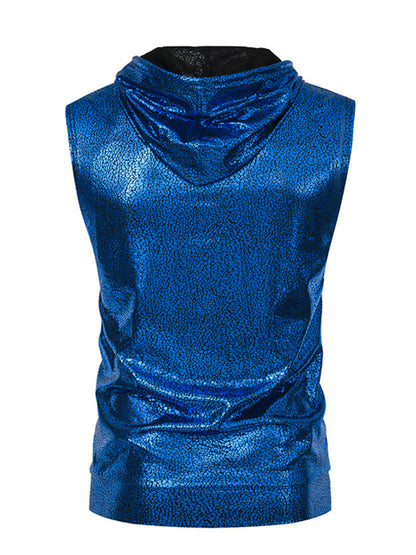 Blue metallic sleeveless top on a white background