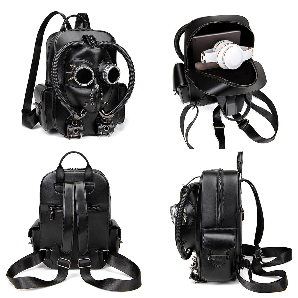 Black backpack with gas mask design on a white background