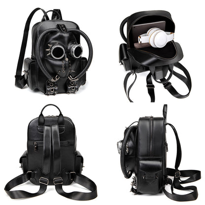 Black backpack with gas mask design on a white background