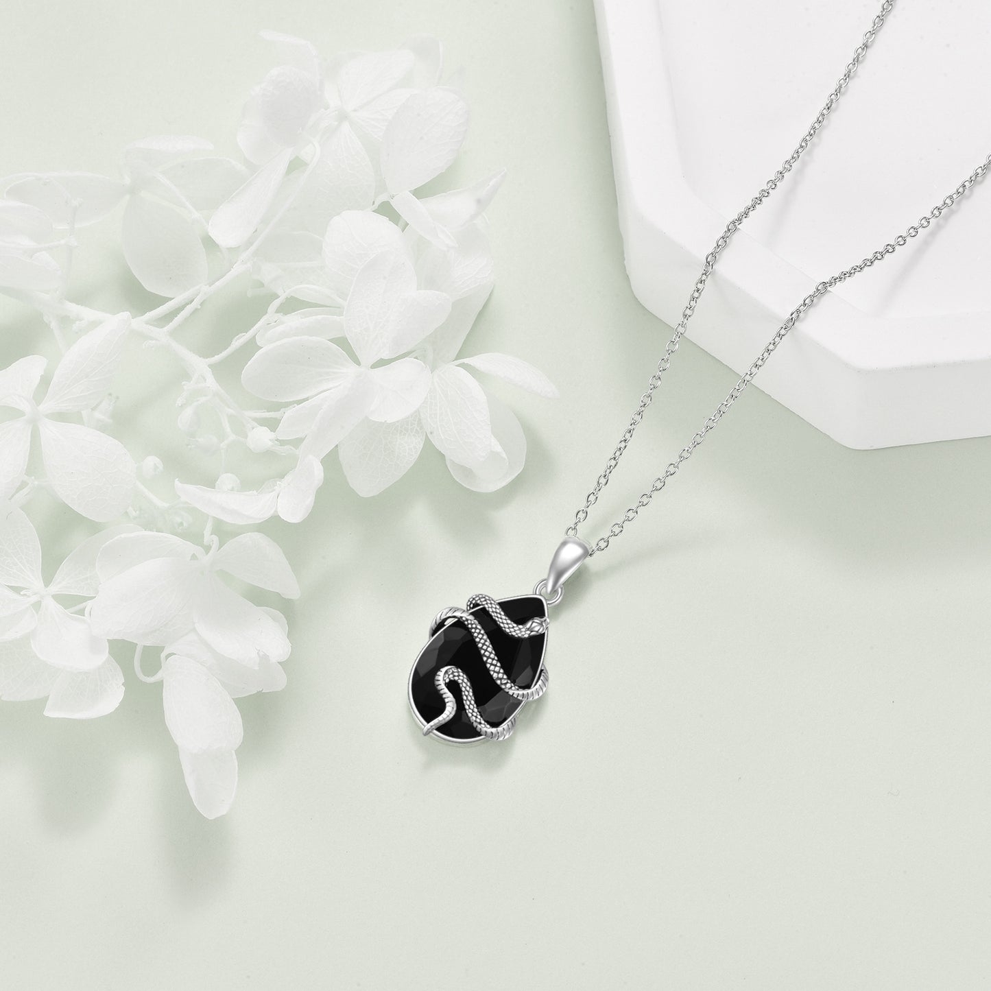 Sterling Silver Black Obsidian Tourmaline Crystal Snake Necklace