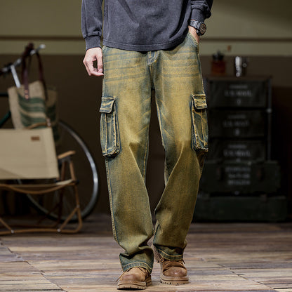 Person wearing denim cargo pants in a workshop setting