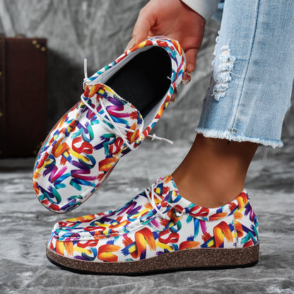 Colorful patterned shoes being held up with a blurred background