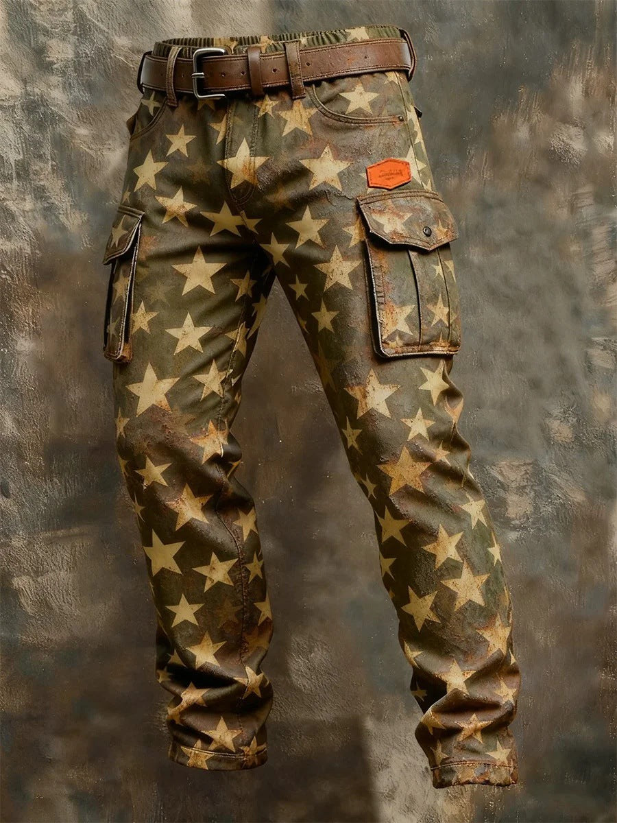 Camouflage pants with star pattern on a textured gray background