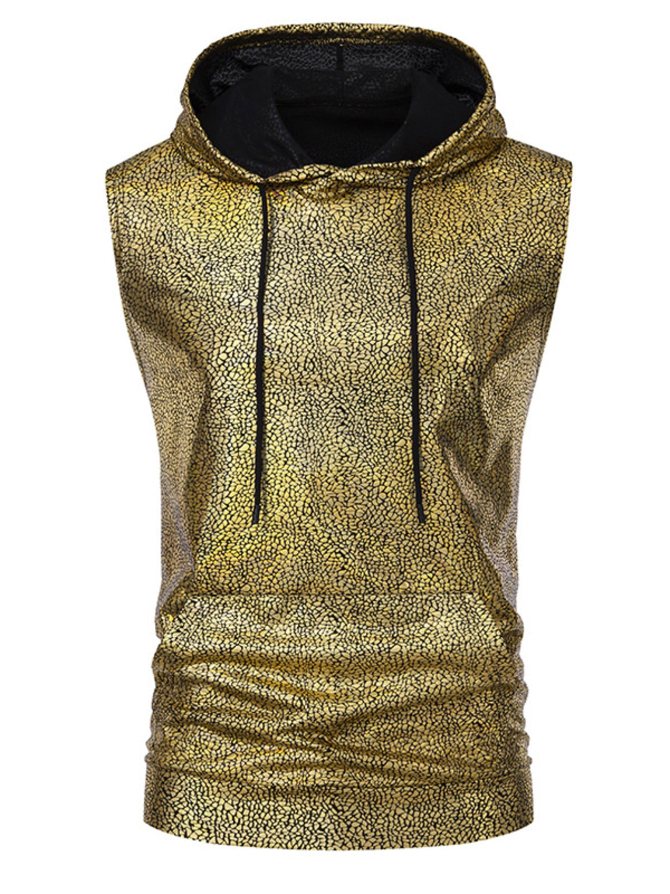 Gold sleeveless hoodie with black interior on a white background
