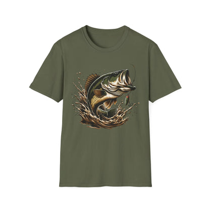 Green t-shirt with a fish graphic on a white background