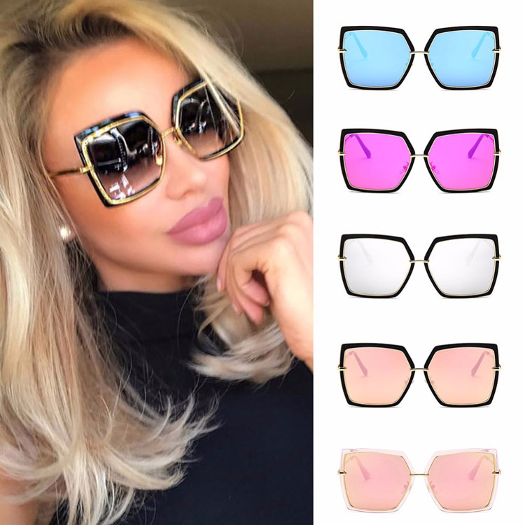Person wearing large sunglasses with inset images of different colored lenses.