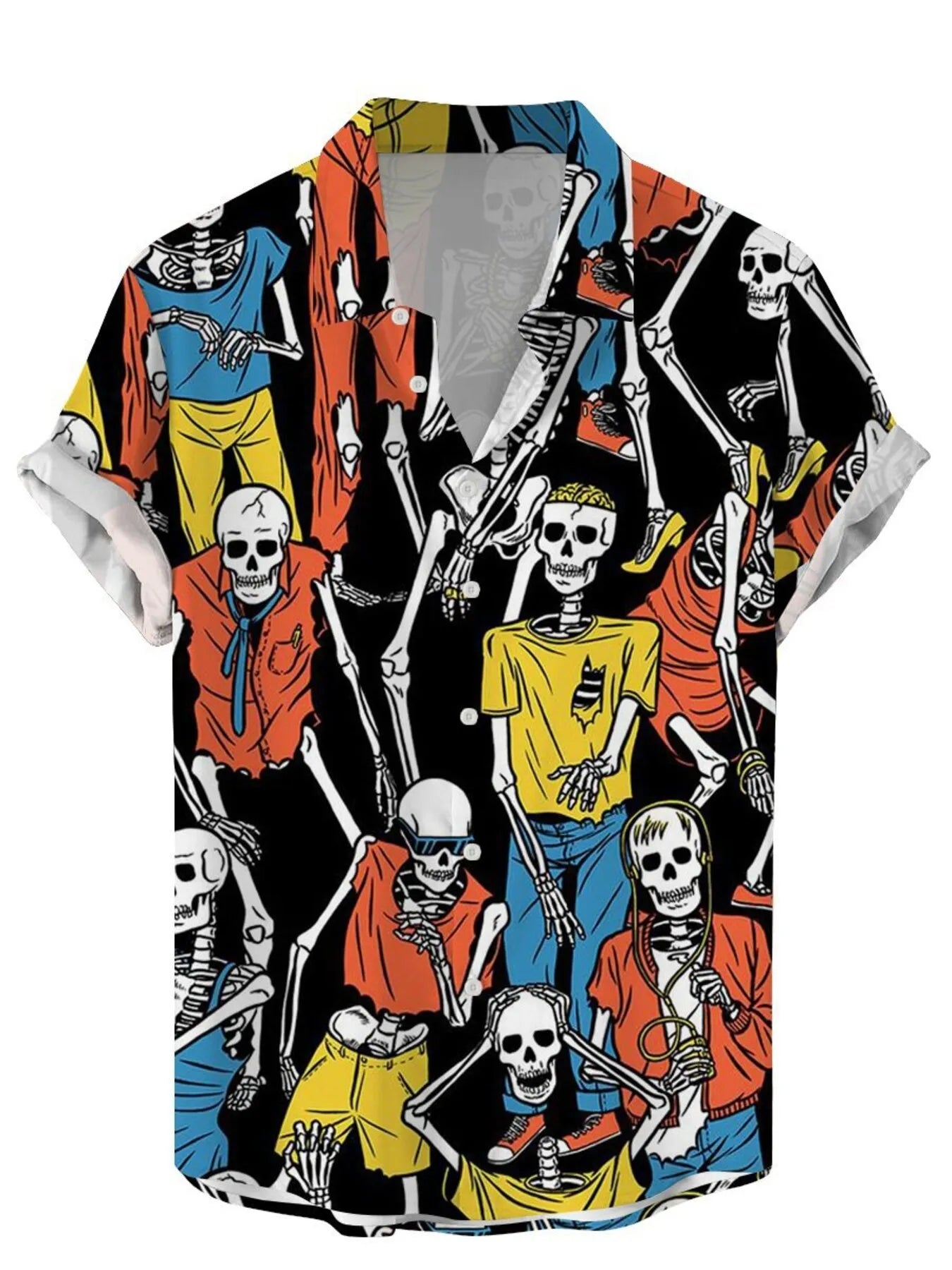 Colorful shirt with skeleton design on a black background
