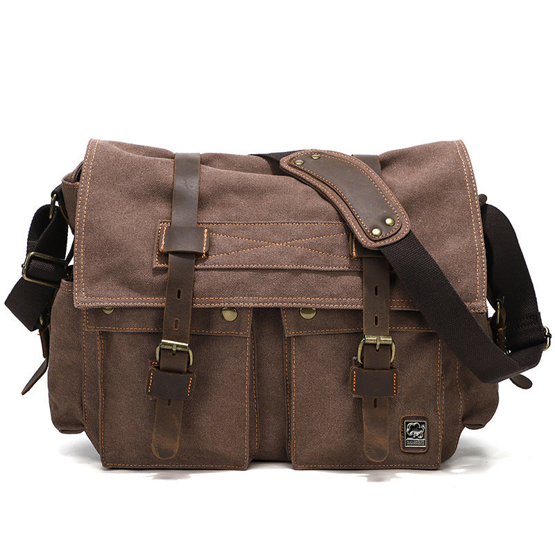 Brown leather satchel bag on a white background
