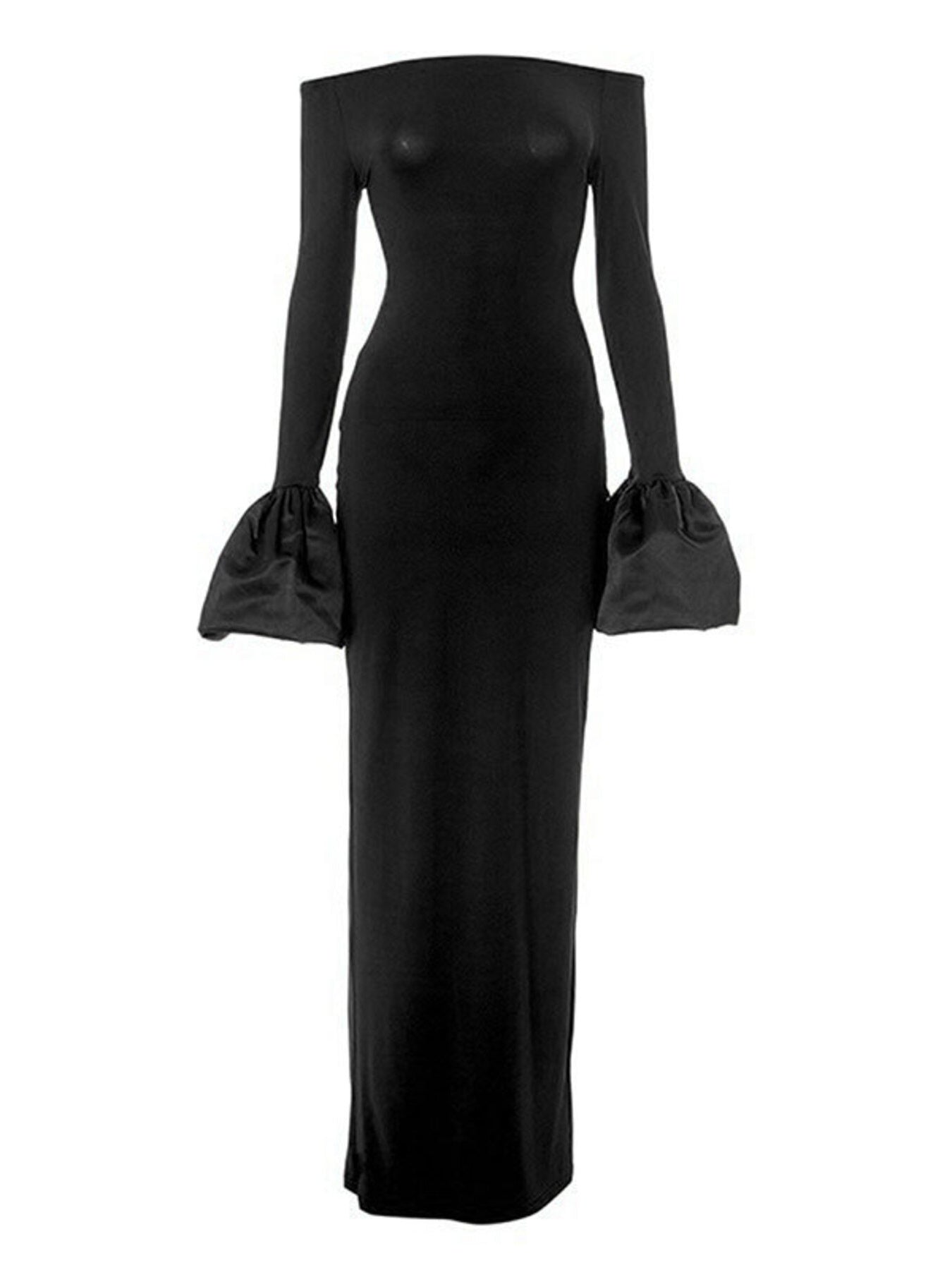 Black long-sleeve gown with bell sleeves on a white background