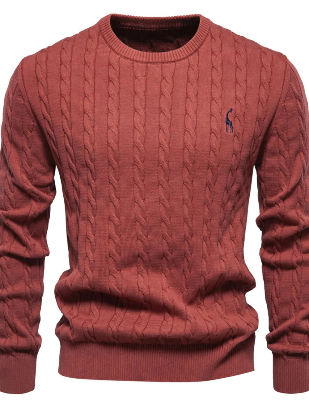 Red cable knit sweater with a small logo on a white background