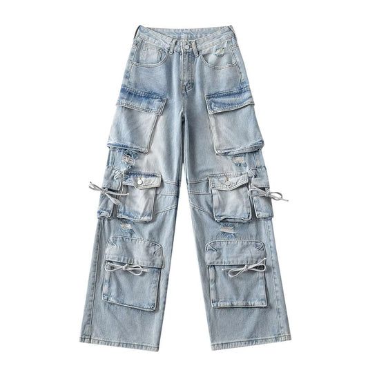 Light blue denim cargo pants on a white background