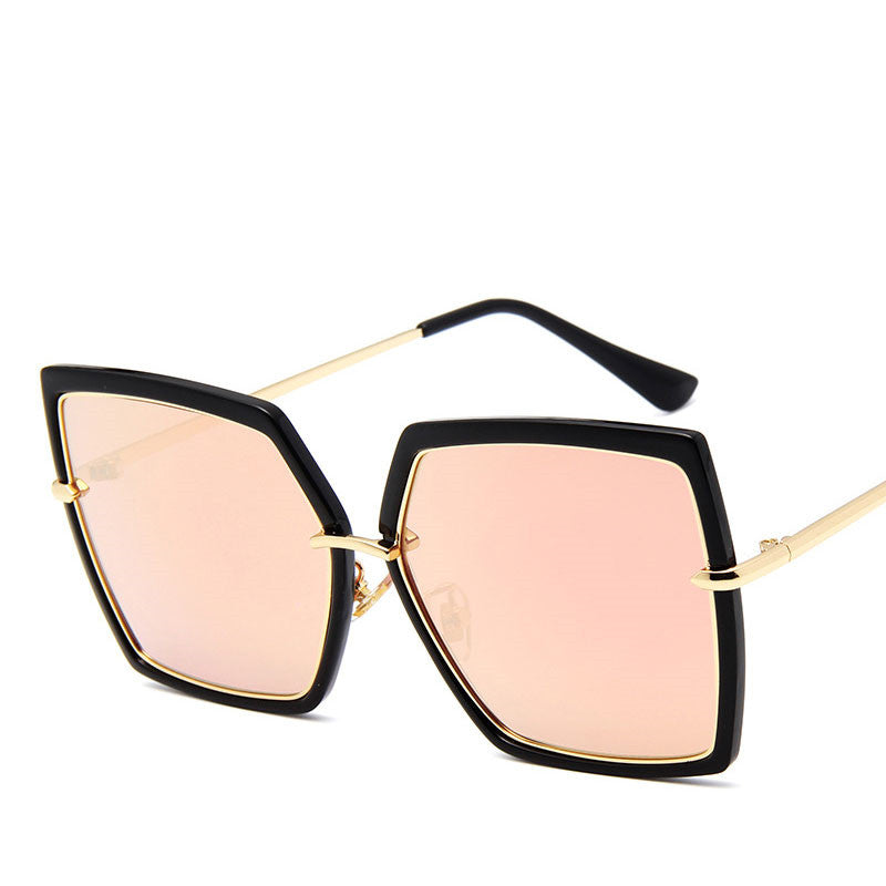 Sunglasses with black frame and pink lenses on a white background