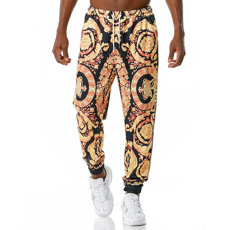 Patterned jogger pants worn by a person on a white background