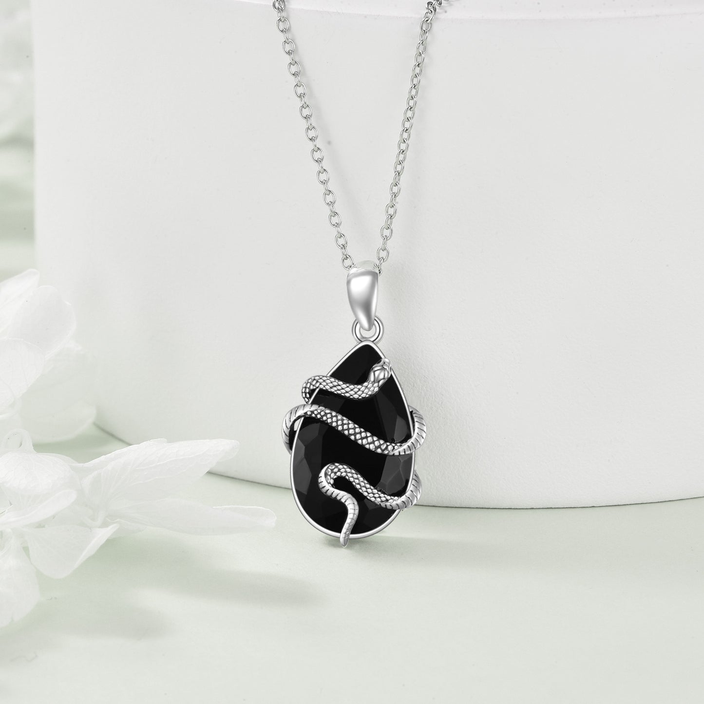 Sterling Silver Black Obsidian Tourmaline Crystal Snake Necklace