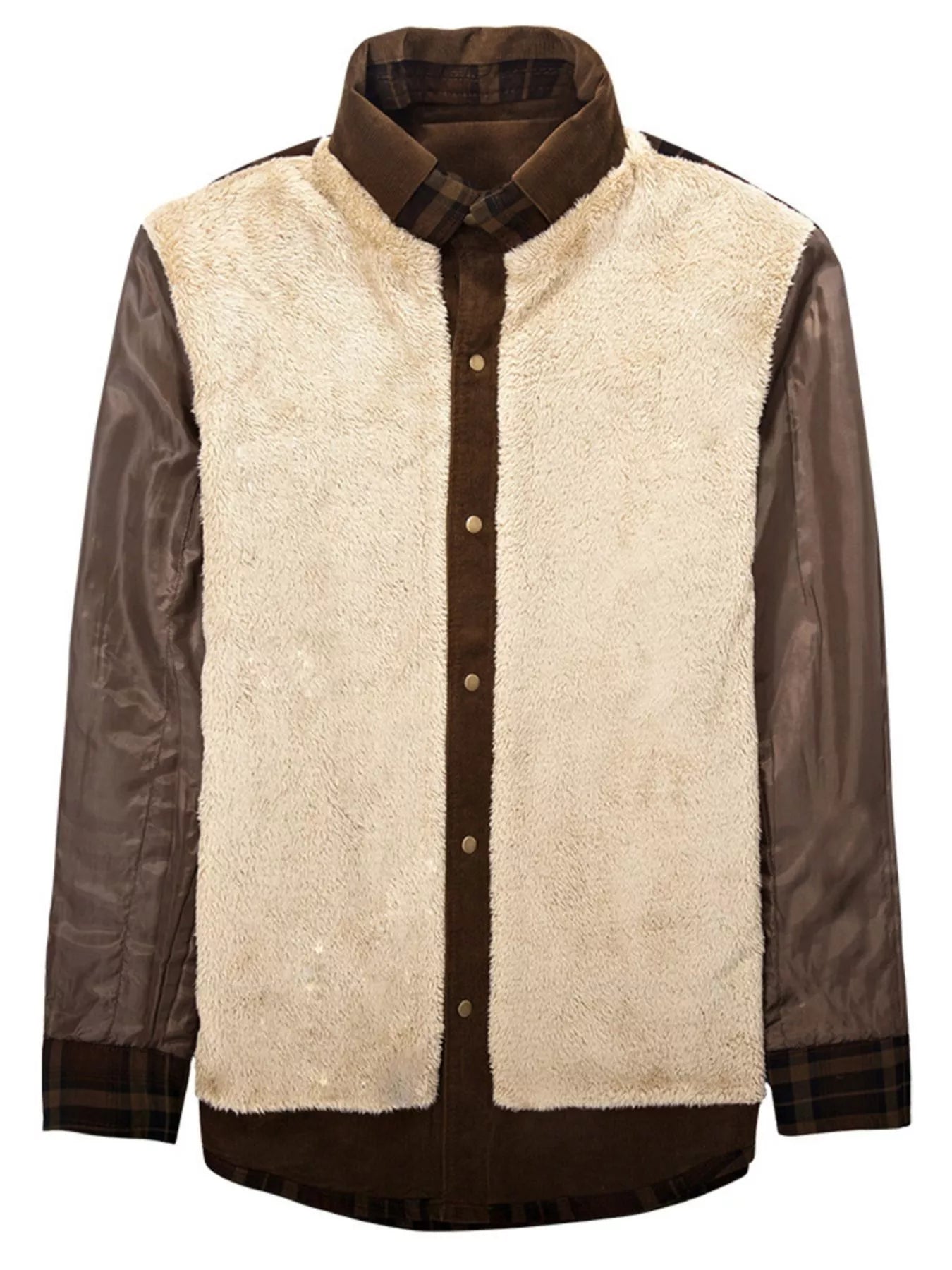 Beige and brown jacket with plaid collar on a white background