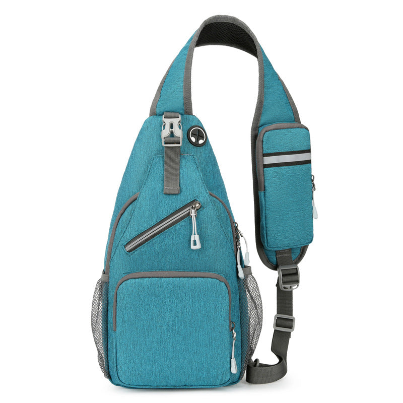 Teal sling bag with gray accents on a white background