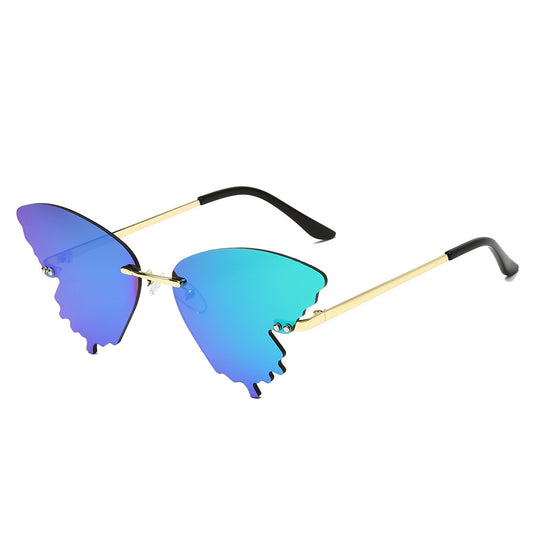 Sunglasses with butterfly-shaped lenses on a white background