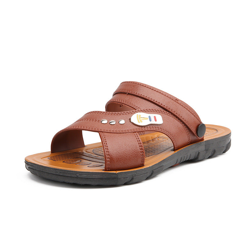 Brown sandal with a brand logo on a white background