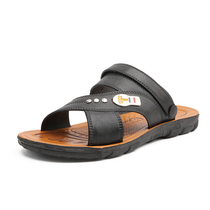 Black sandal with a logo on a white background