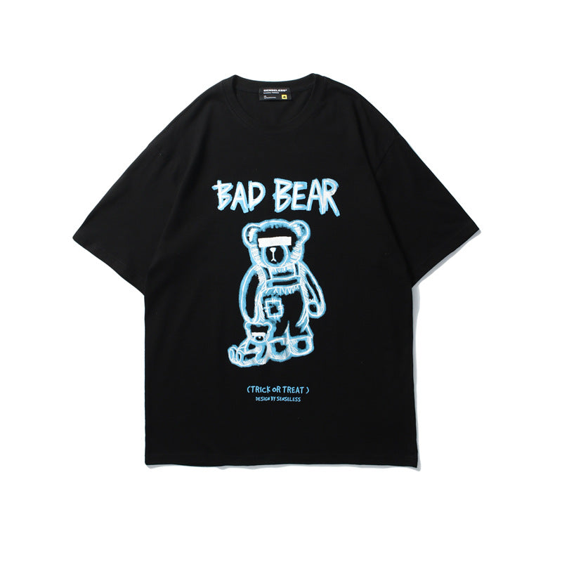 Black t-shirt with a graphic of a bear and text on a white background