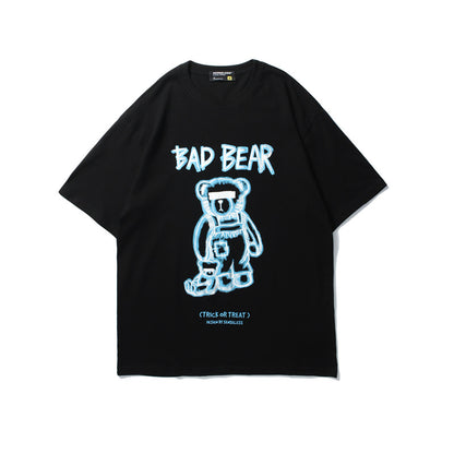 Black t-shirt with a graphic of a bear and text on a white background